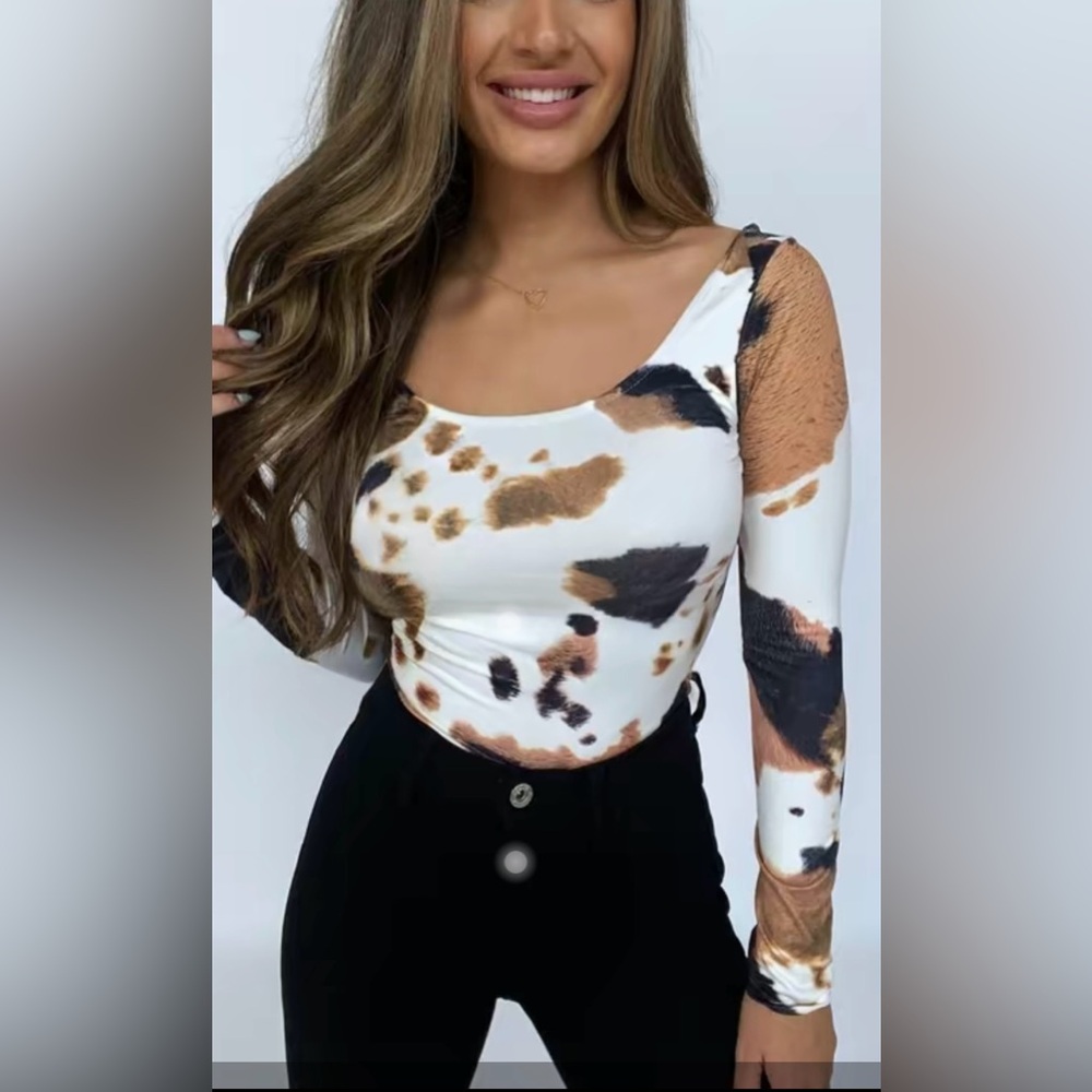Willow Boutique Cow Print Western Long Sleeve Scoop Neck Bodysuit Size L - NWOT